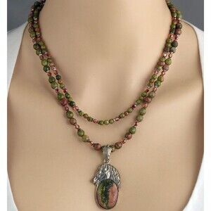 Handcrafted Necklace Earring Set .925 SS Horse Pendant Unakite Swarovski Crystal